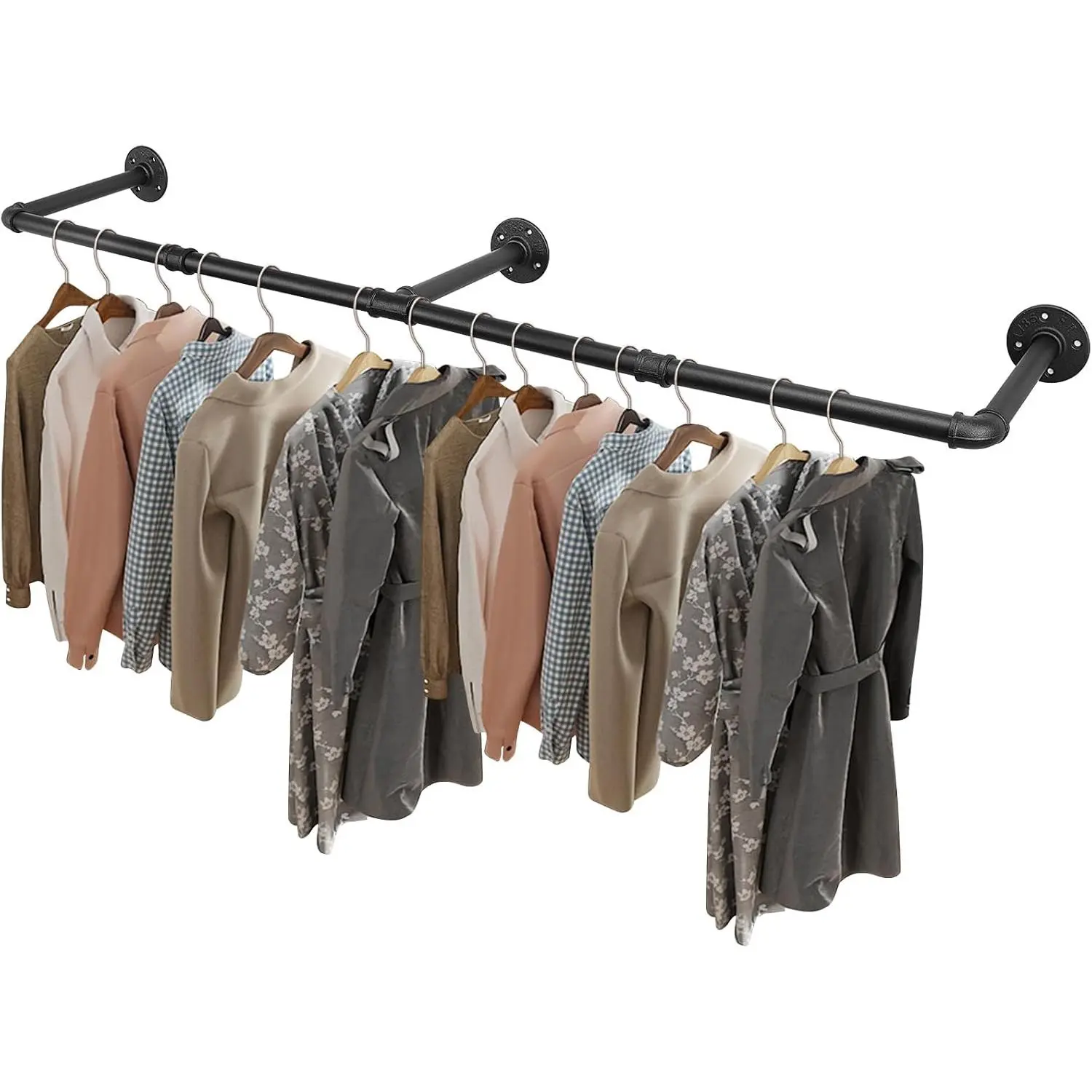 60-Inch Wall Mount Metal Industrial Pipe Clothes Rack, Heavy-Duty Detachable Iron Garment Rack, Rustic Space-Saving Multi-Purpose Hanging Rod for Bedroom Closet, Black