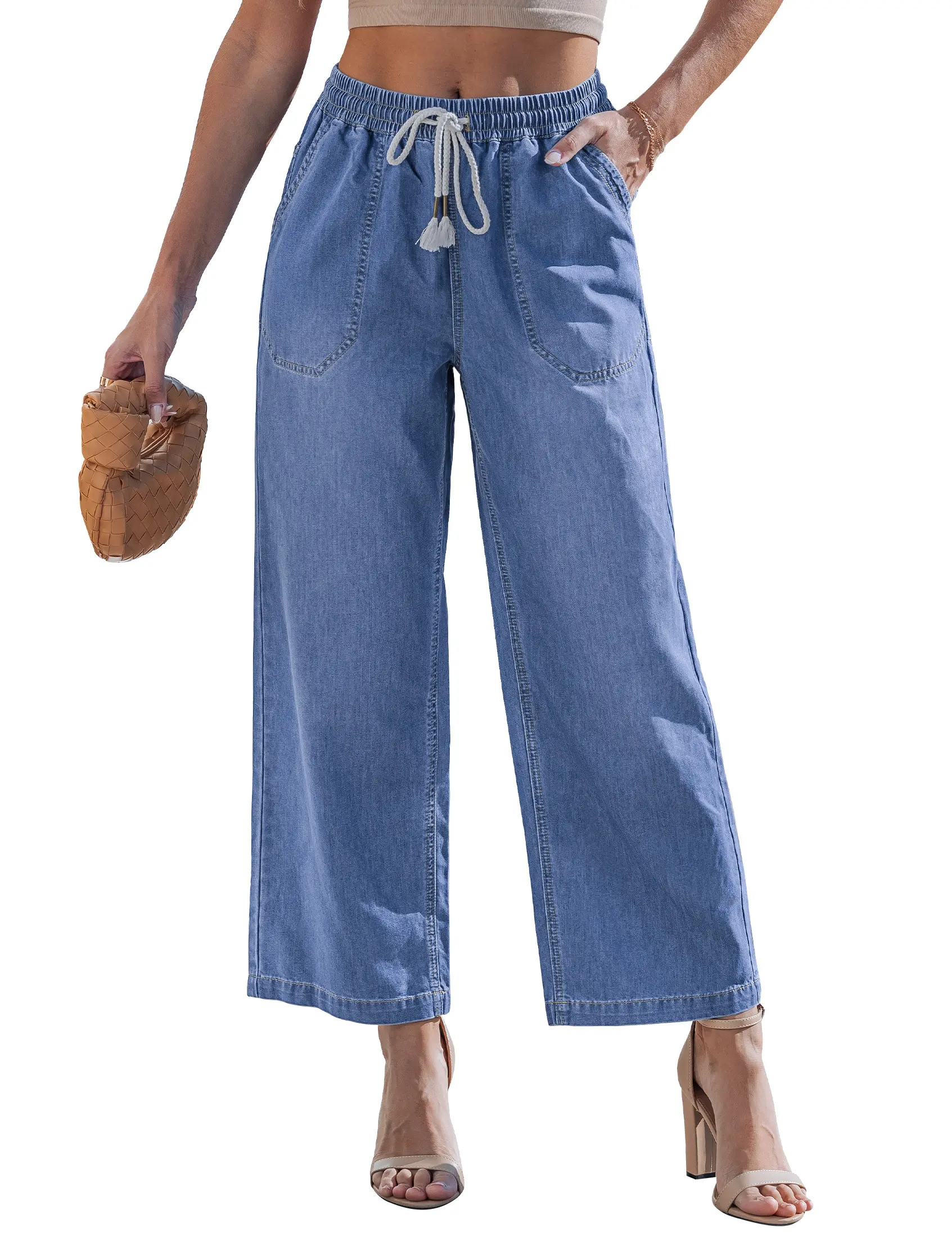 luvamia Women's Trendy High Waisted Wide Leg Ankle Jeans, Lightweight Casual Pull-On Denim with a Drawstring Waist and Pockets, Tank Top, Fits