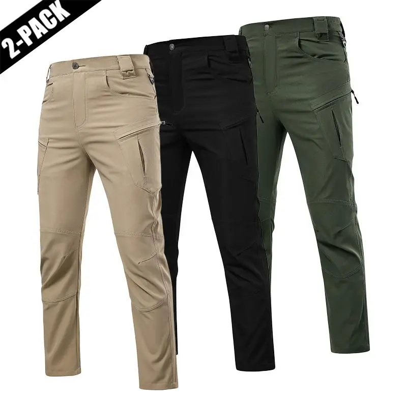 Men’s two-piece tactical cargo pants set, heavy-duty breathable polyester long pants for outdoor work, featuring a zipper design; essential gear for camping and functional hiking/mountaineering athletic pants.