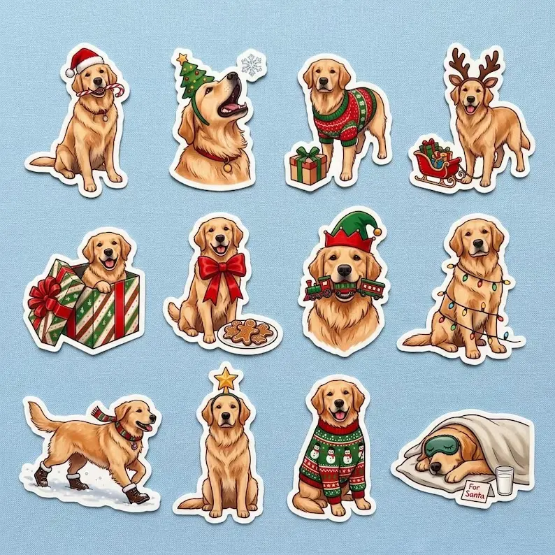 Christmas Golden Retriever Sticker Sheet, Cute Golden Holiday Planner Stickers, Xmas Dog Decals, Golden Mom Gift, Stocking Stuffer