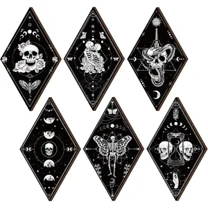 6 count Skull Wall Decor Gothic Wall Decor, Moon Stars Sun Phases Snake Pattern, Gothic Wooden Spooky Witchy Minimalist Boho Home Decoration