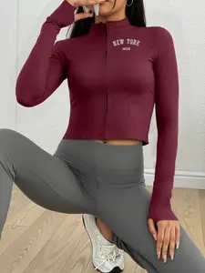 Women's Short Zipper Jacket, Sporty Slim-Fit Design, Long Sleeve, Fall & Winter Fashion, Left Chest Print 'new York 1988'