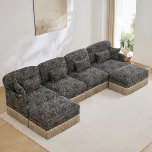 Eyisean 131.5" Chenille Modern Modular U-Shaped Sectional Sofa, 4-Seater Upholstered Couch with Leopard Print & Tassel Edge, Comfy Deep Seat Sofa with Lumbar Pillow & Ottomans for Living Room