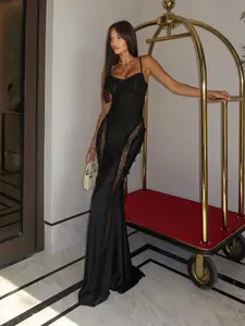 Sexy Series Folded Chest Perspective Lace Splicing Slimming Bag Hip Strap Tail Dress Women's Party Bar Party Elegant Long Dress Adjustable Shoulder Straps Summer Fashion