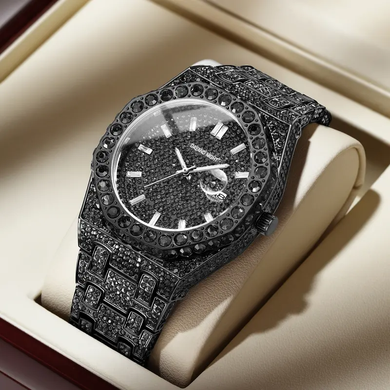 Men's Luxury Quartz Analog Watch - 42mm Round Analog Face, Full Moissanite Dial, Alloy Bracelet with Link-Adjust Fit, Mineral Glass, 30M - 50M Water Resistant, Classic Style Dress Watch, Business Casual Accessory, Cool Guy Gifts