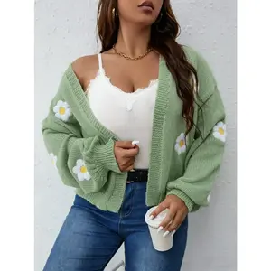 Plus Size Women’s Floral Patchwork Cardigan Sweater, Long-Sleeve Loose-Fit Knitted Top, Knitwear, Casual Thick Fabric for Autumn and Winter