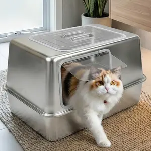 Zarler Enclosed XL Odor Control Stainless Steel Litter Box for Multiple Cats Non-Stick Anti-Leakage Easy to Clean Leak-Proof Cats Litter Trays Boxes 23"x20"x17"
