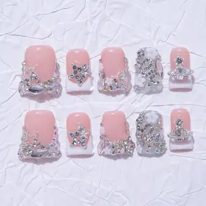 Nailssbysheccid, 10pcs-Y2K press on nails, duck nails, 100%handmade, with French, 3D, smudt, hand-drawn designs, Glitter rhinestones, perfect for family dinners, dates, weddings, Jelly gel, crystal sticks and rolling sticks are given as gifts