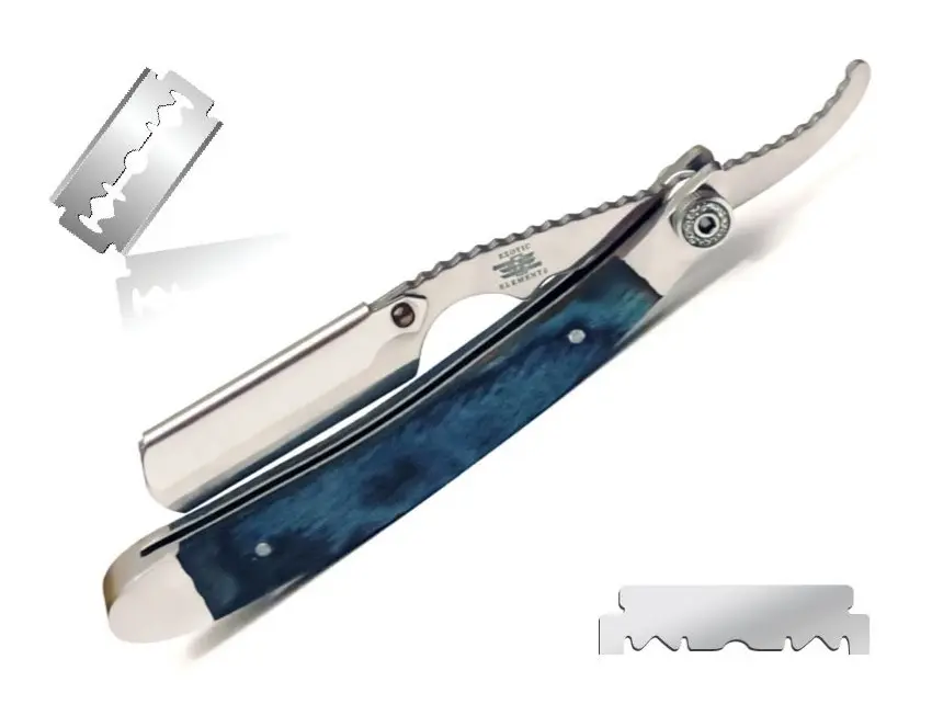 Blue Wooden With Stainless Steel Barber Straight Edge Shaving Razor Blade - Great Razor for All Hair Type and All Grooming Needs Such as Eyebrows, Beard, Mustache, Forehead, Body, and even Baldy - Professional And Person Use Hair Shaving Razor