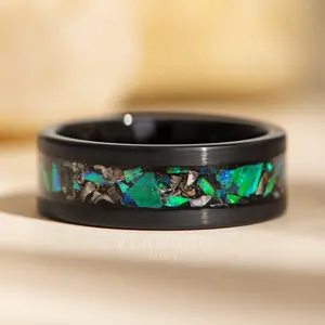 Eagle Nebula Ring, Black Tungsten with Green Blue Opal and Meteorite Inlay - 8MM