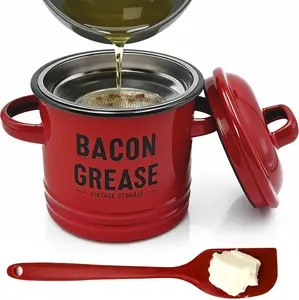Bacon Grease Container with Strainer - Large 46OZ Red Kitchen Oil Storage Can, Food Saver Bin with Lid | Farmhouse Cooking Pot Keeper Collector, Dishwasher Safe