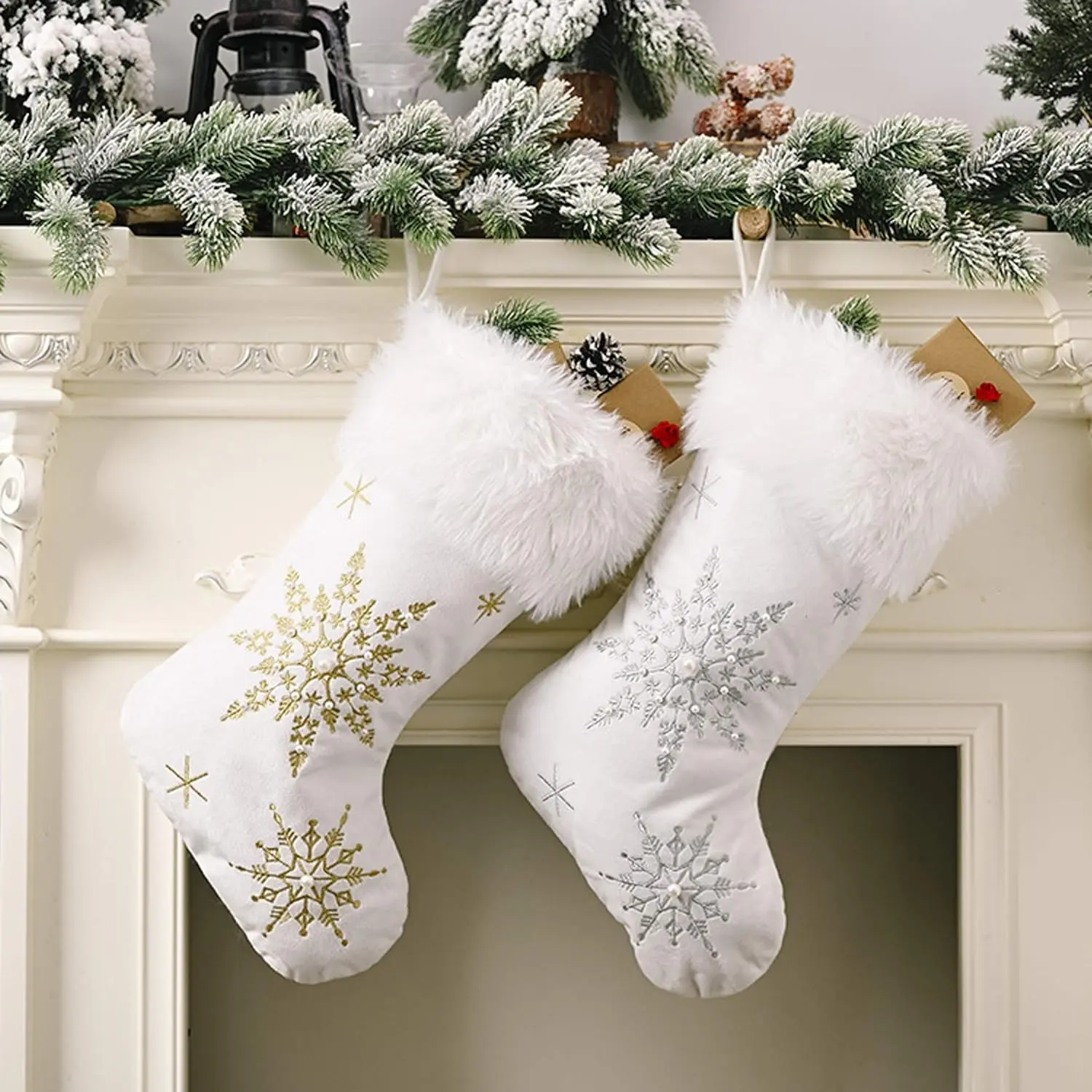 White Christmas Stockings 2 Pack, Family Stockings Christmas 18” Large Christmas Stockings with Plush Faux Fur Cuff (Silver/Gold Snowflake Embroidery) Giant Xmas Stockings Hanging Stockings