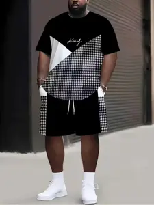 Men's Plus Size King Letter Print Plaid Classic Short Sleeve T-Shirt and Drawstring Shorts Set, Casual Summer Outdoor Wear, Loose-Fitting Outfit