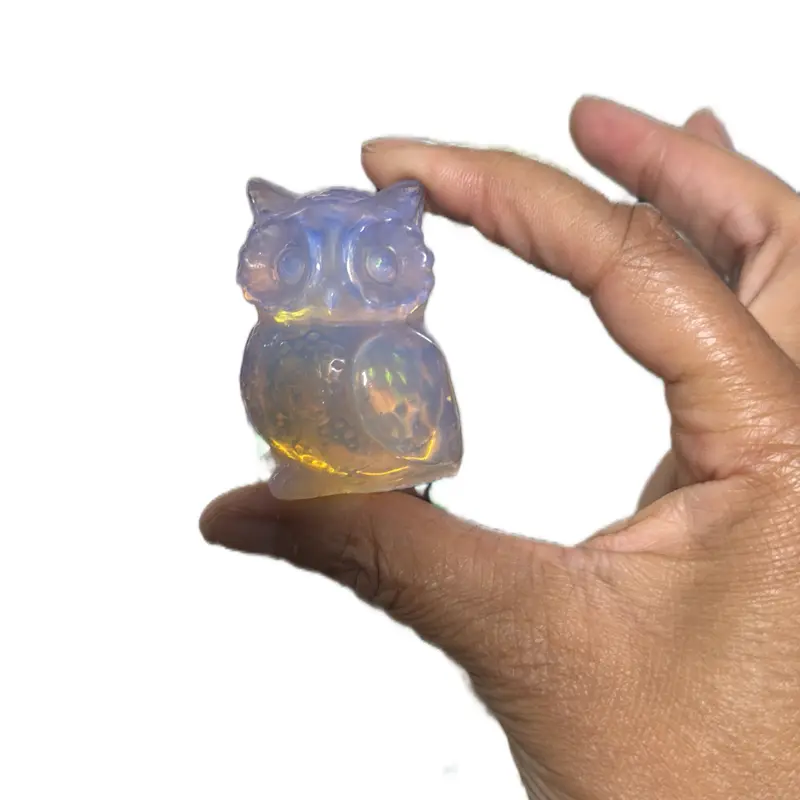 Opalite Owl Handcrafted Gemstone Figurine with Unique Rainbow Opalite Finish Detailed Owl Design for Home Decor Spiritual Symbolism of Wisdom Insight and Intuition- crystal carving