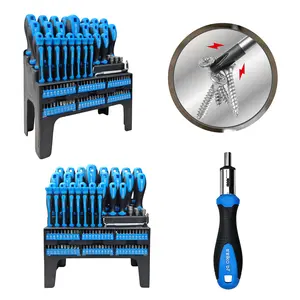 100-Piece Manual Screwdriver Bit Set with Demagnetizer, Blue, Magnetic, Plastic Rack Case Repair Tool Set