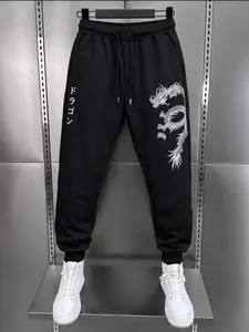 Men's Knit Polyester Jogger Trousers, Black Dragon Print with Japanese Kanji, Drawstring Waist Hip Hop Pants, Tapered Sweatpants