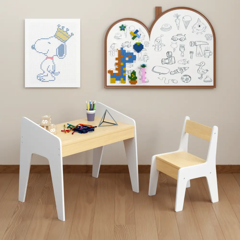 Mini Nursery Indoor Multi-Piece Children's Furniture Set - Modern Minimalist Child-Sized Rectangular Wooden Play Table & Study Desk with 1 Chair, White-Natural Finish, Smooth Surface, Easy Setup for 1-8 Age Kids, Arts and Crafts & Home Play Use