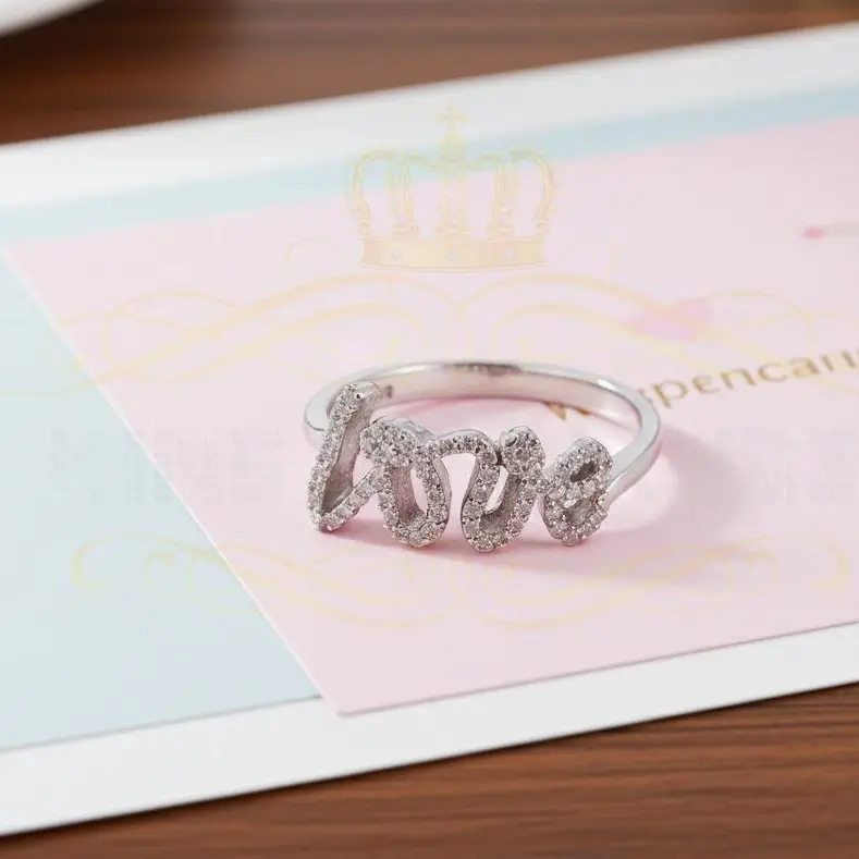 King of Bling's White 925 Sterling Silver 0.33ct VVS 'D' Moissanite 'Love' Rings SZ 7 for Women