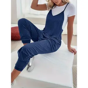 Women's Plain Pocket V Neck Overalls Jumpsuit without Tee, Casual Sleeveless Spaghetti Strap Cami Overalls Jumpsuit for Daily Wear, Ladies Clothes for All Seasons