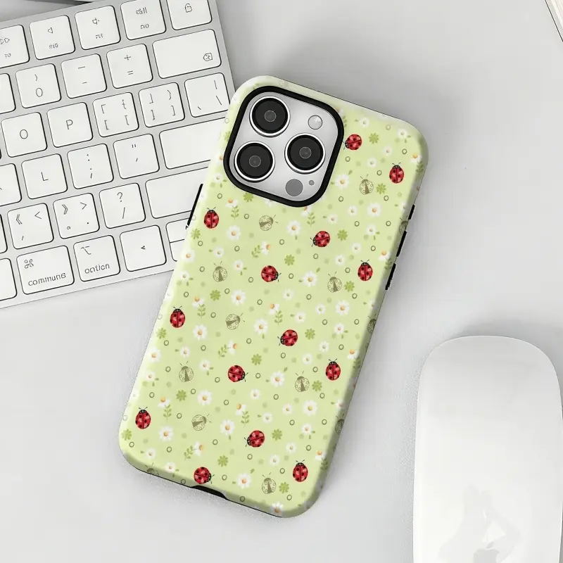 Shockproof Rubber Polycarbonate-Plastic Smartphone Casing - Cute Ladybug & Daisy Floral Protector with Resistance, Light Green Cottagecore Aesthetic Cover for iPhone 12/13/14/15/16/17 ProMax Plus, Samsung Phones, Custom Handheld Devices, Ideal Friend Gift