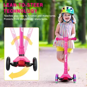Garvee Scooter for Young Riders with 3 Wheels, Adjustable 4-Step Height, LED Light-Up Wheels, Brake, Lightweight and Quiet Design, Available in Pink and Blue, Perfect Kick Scooter Gift