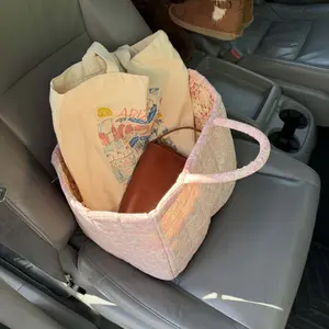 Floral Foldable car Storage Basket Cotton Fabric Collapsible Laundry Hamper for Clothes Toys & Blankets Car Trunk Organizer Backseat Storage Machine Washable Decorative Bin for Bedroom Bathroom & Living Room Large Capacity Woven Design room organization