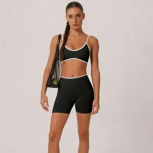 Summer new high-waisted sports shorts with color-blocked trim, bra, yoga, running, Pilates, fitness tank top set for women