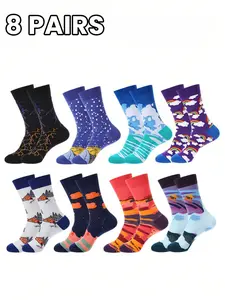 8 Pairs Creative Art Mid-Calf Socks, Lightning, Rainbow, Mountain Patterns, Vintage Style, Breathable, Casual Wear for Young Trendsetters