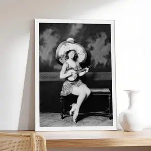 Flapper Girl _ Vintage 1920s Fashion Banjo & Sombrero,photo, vintage, couple，Minimalist Neutral Poster Print, Aesthetic Wall Decor for Bedroom.