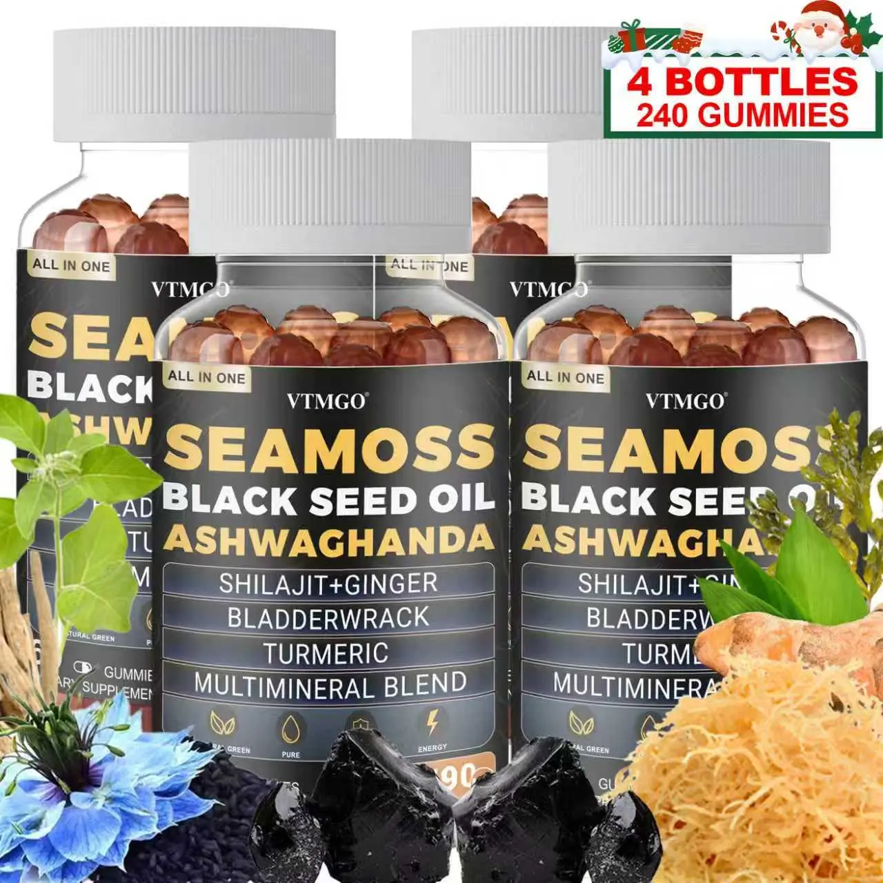 4 PCS-Sea Moss, Black Seed Oil, Ashwagandha, Ginger, Shilajit Gummies with Elderberry, Chlorophyll, Turmeric Bladderwrack Sea Moss Gummies Advanced Strength Formula - All in 1 Bundle