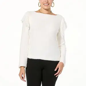 TWRHLL by Christie Brinkley Fringe Detail Boatneck Sweater