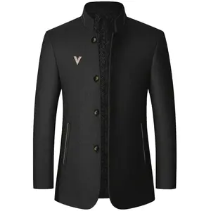 Men's casual formal style lambskin long sleeve jacket - stand-up collar single-breasted side pocket jacket, semi-formal office occasions and daily wear in autumn and winter - polyester fiber lining for cold resistance and warmth, texture fabric design
