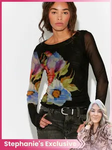 Women's Long Sleeve T-Shirt Top, New Fashion Style Comfortable Fit Design Lace Mesh Sleeves, Floral Print Hem, Perfect for Daily Gatherings and Dates, Womenswear