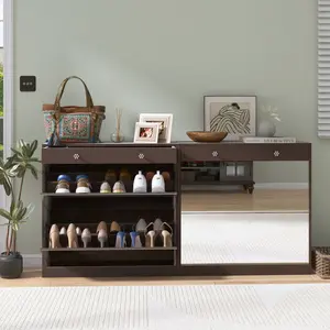 Mirror Shoe Cabinet with 2 Tier Drawers, Mirror Shoe Rack With 1 Drawer Storage, Mirror Shoe Organizer with 2 Layers In a Drawer for Entrance, Entryway, Bedroom,Brown Finish