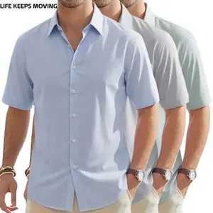 LIFE KEEPS MOVING Men’s Casual Striped Short-Sleeve Shirt Set, 3/2/1 piece, retro fit, cool and breathable—perfect for a beach vacation vibe in summer