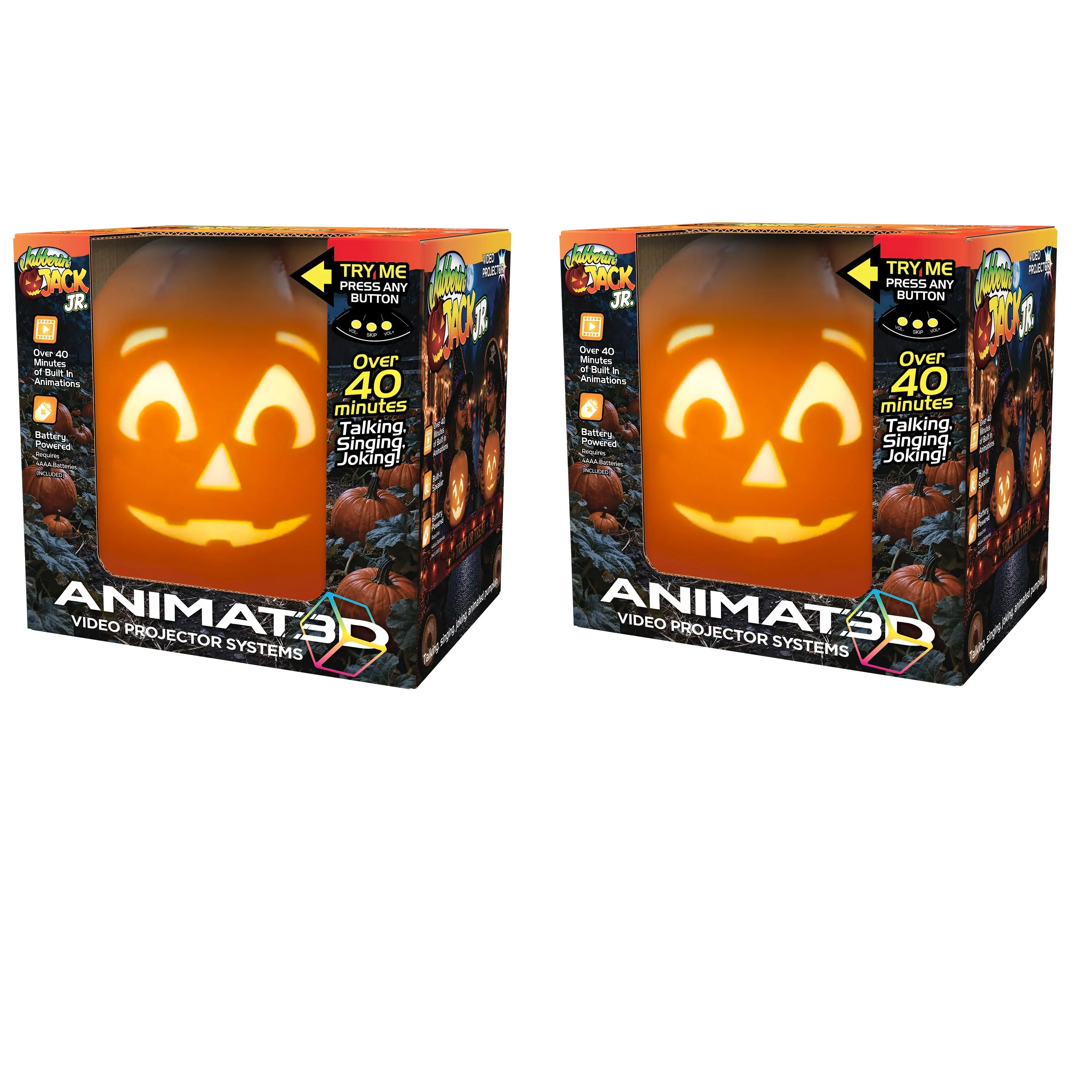 ANIMAT3D Set of 2 Jabberin’ Jack Jr. Animated Halloween Pumpkin, Talking, Singing & Joking Video Projector Decor
