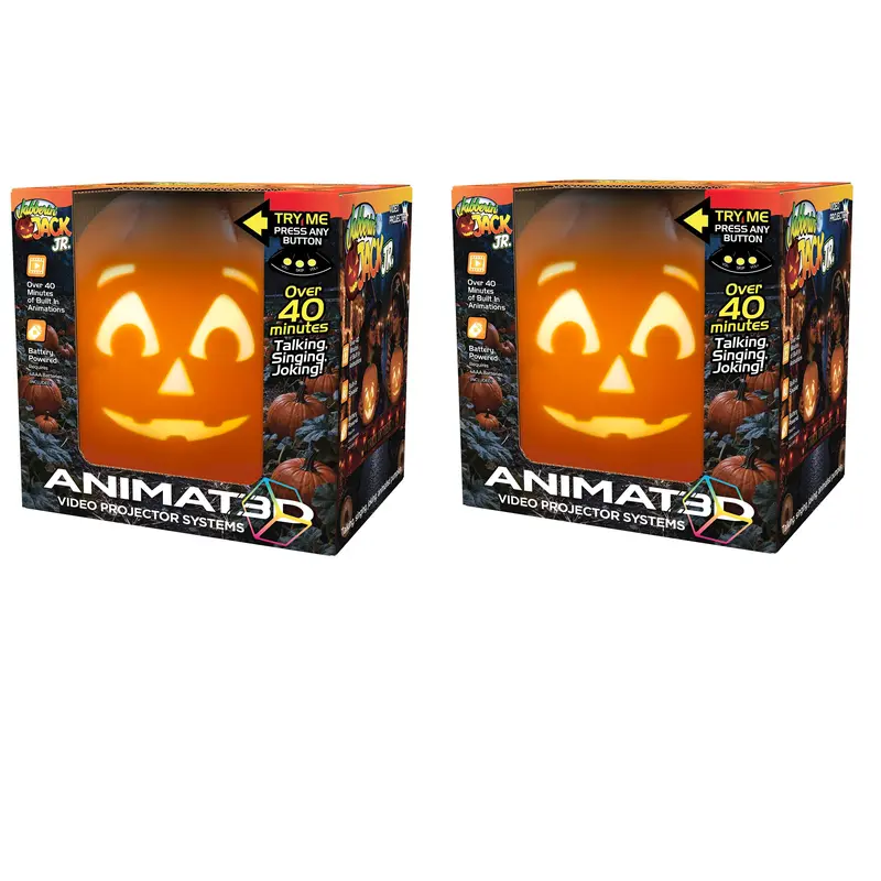 ANIMAT3D Set of 2 Jabberin’ Jack Jr. Animated Halloween Pumpkin, Talking, Singing & Joking Video Projector Decor