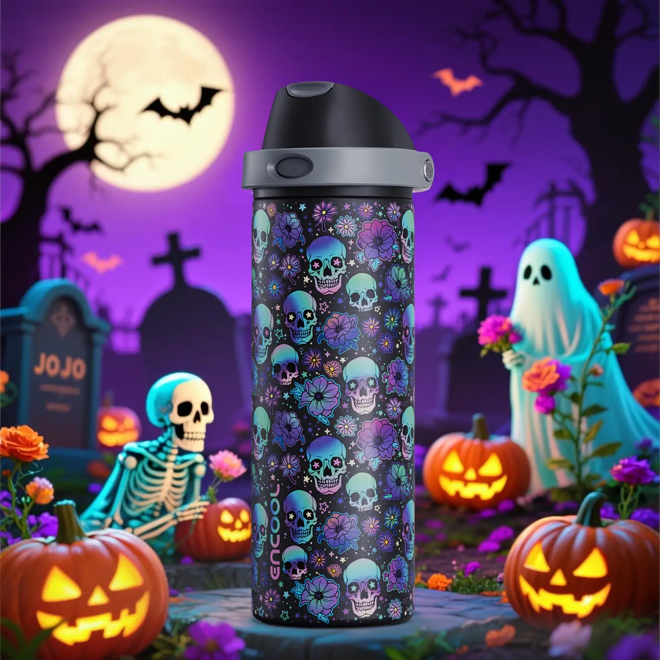 【meoky】 Halloween Double-Mouth Handle Tumbler，24oz&32oz&40oz ，Sip Opening and Sipping Spout, Stainless Steel Insulated Water Bottle for Sports, Outdoo