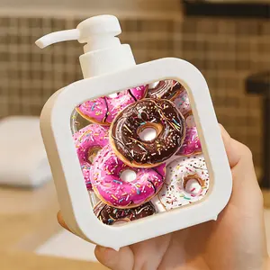 Creative Bathroom Dispenser with Hand Pump - Vibrant Glazed Donut Collection, Glossy Pink, Rich Chocolate & White Glazes, Colorful Sprinkles & Chocolate Drizzle, Black Background Display, Dense Overlapping Arrangement, Food-Themed Bathroom Accessor