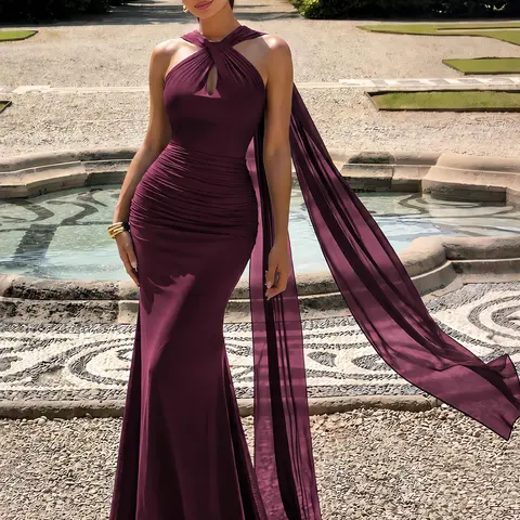 AISIZE A5614 Women's Soft Mesh Twist Neck Ruched Flowing Sash Formal Maxi Dress for Formal Gown, Formal Wear, Bridesmaid Dresses, Wedding Guest Dresses