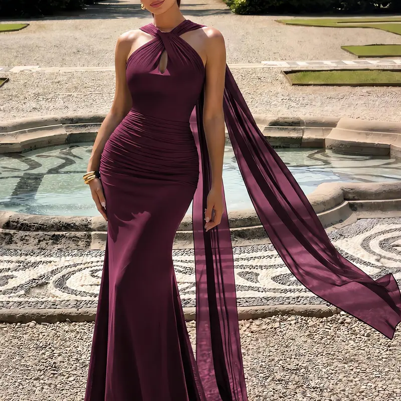 AISIZE A5614 Women's Soft Mesh Twist Neck Ruched Flowing Sash Formal Maxi Dress for Formal Gown, Formal Wear, Bridesmaid Dresses, Wedding Guest Dresses