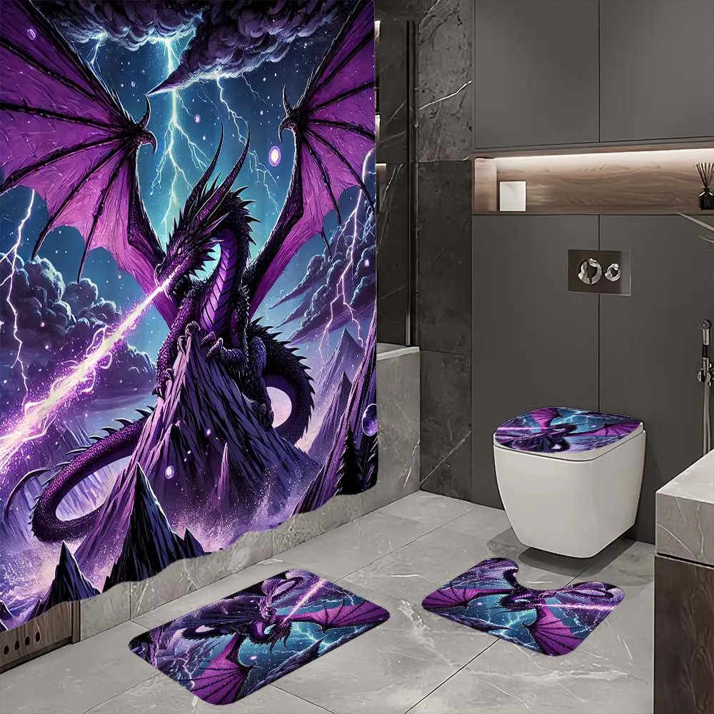 4-Piece Animal Theme Bathroom Decoration Set - 72" L x 72" W Waterproof Polyester Shower Curtain, Non-Slip Floor Mat, U-Shaped Toilet Mat, Toilet Lid Cover Cushion, Curtain Hooks, Double-Winged Dragon & Marble Artistic Design