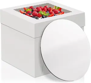 WINKIO 10 Inch Cake Box with Cake Boards, 2 Pack Disposable Cake Carrier, Cakes Transport Container, White Bakery Holder with Window, for Cookies Pies Cupcakes Pastry (10×10×8 Inches)