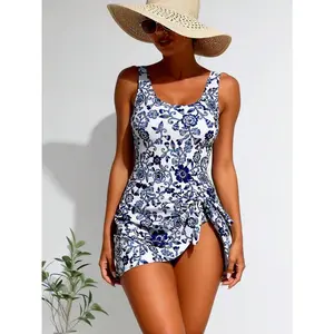 Blue and White Floral Swimsuit One Piece Modest Swimsuit Lace-up Round Neck Sleeveless High Elasticity Polyester Material