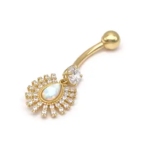 14k CZ & Opal Teardrop Hanging Belly Ring