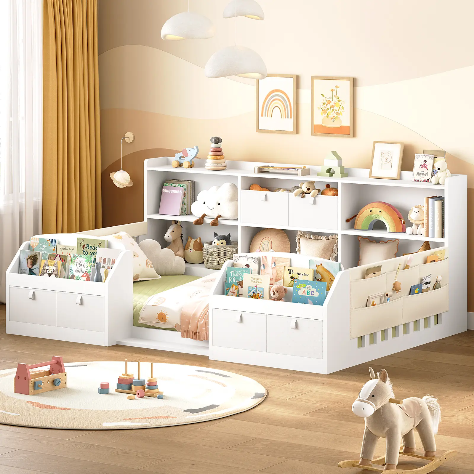 AOGLLATI Full Size Wooden Floor Bed Frame with 4 Fabric Drawers, Dual-Side 2-Tier Bookshelves, Side Pockets and Safety Rails