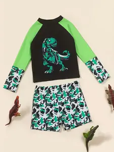 Boys' Dinosaur Print Swimwear, Camouflage Colorblock Design, Summer Water Play Sun Protection, Cool Baby Swimsuit for Kids, Toddler Swimsuit