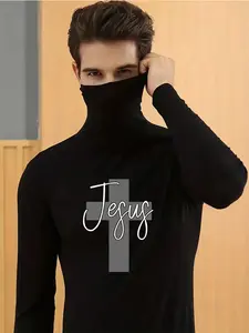 Men's Christian Jesus Cross Compression Long Sleeve Shirt, Half High Neck Sports Base Layer, Fitness Running Faith Expression, Athletic Compression Shirts