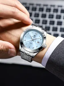 A men's Analog Quartz Watch with a durable stainless steel bracelet and date display, featuring Arabic numeral markings, suitable for business, casual, and multi-scenario wear or as a holiday gift