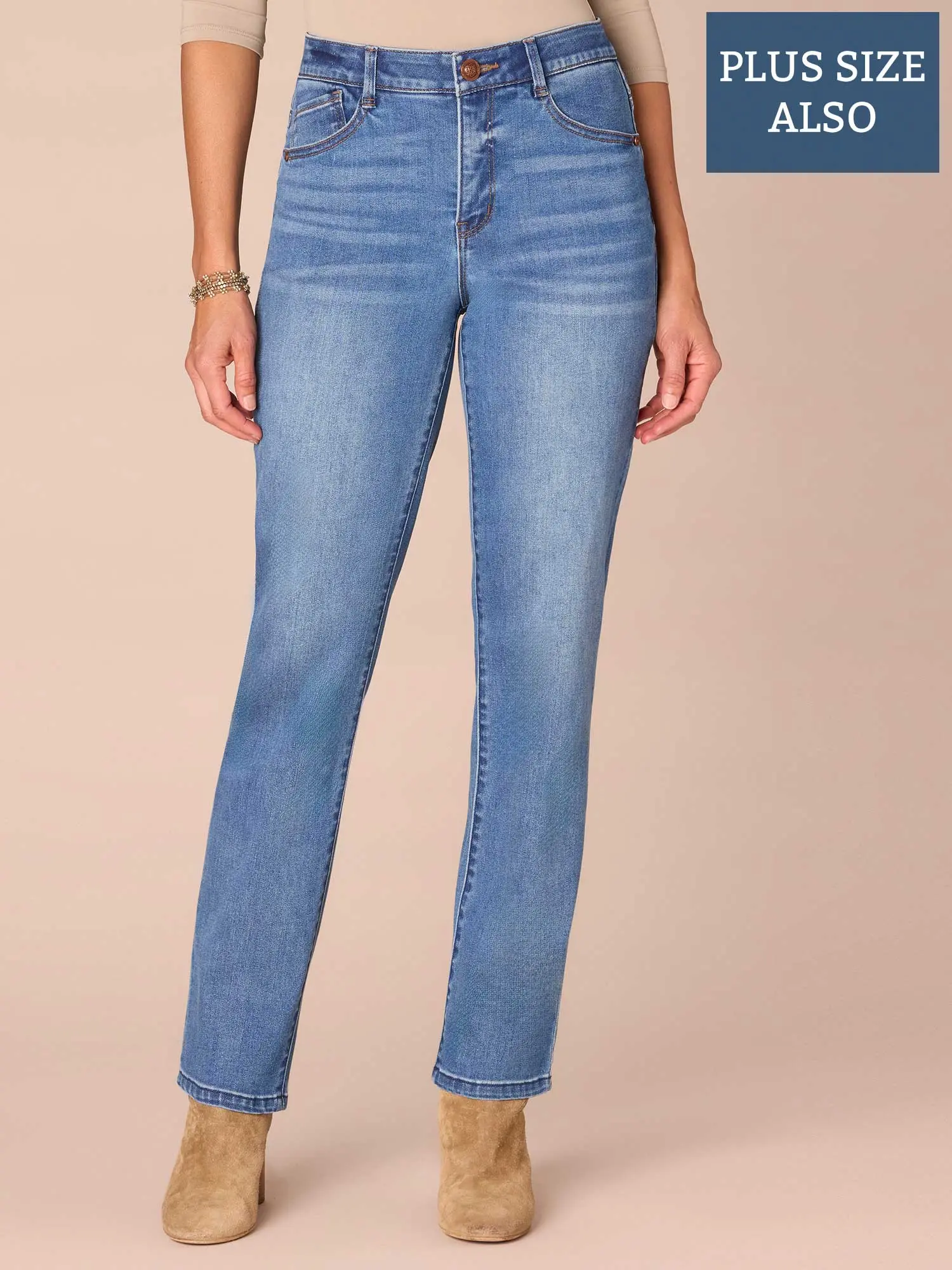 "Ab"solution® High Rise Straight Leg Plus Size Jeans in Mid Blue